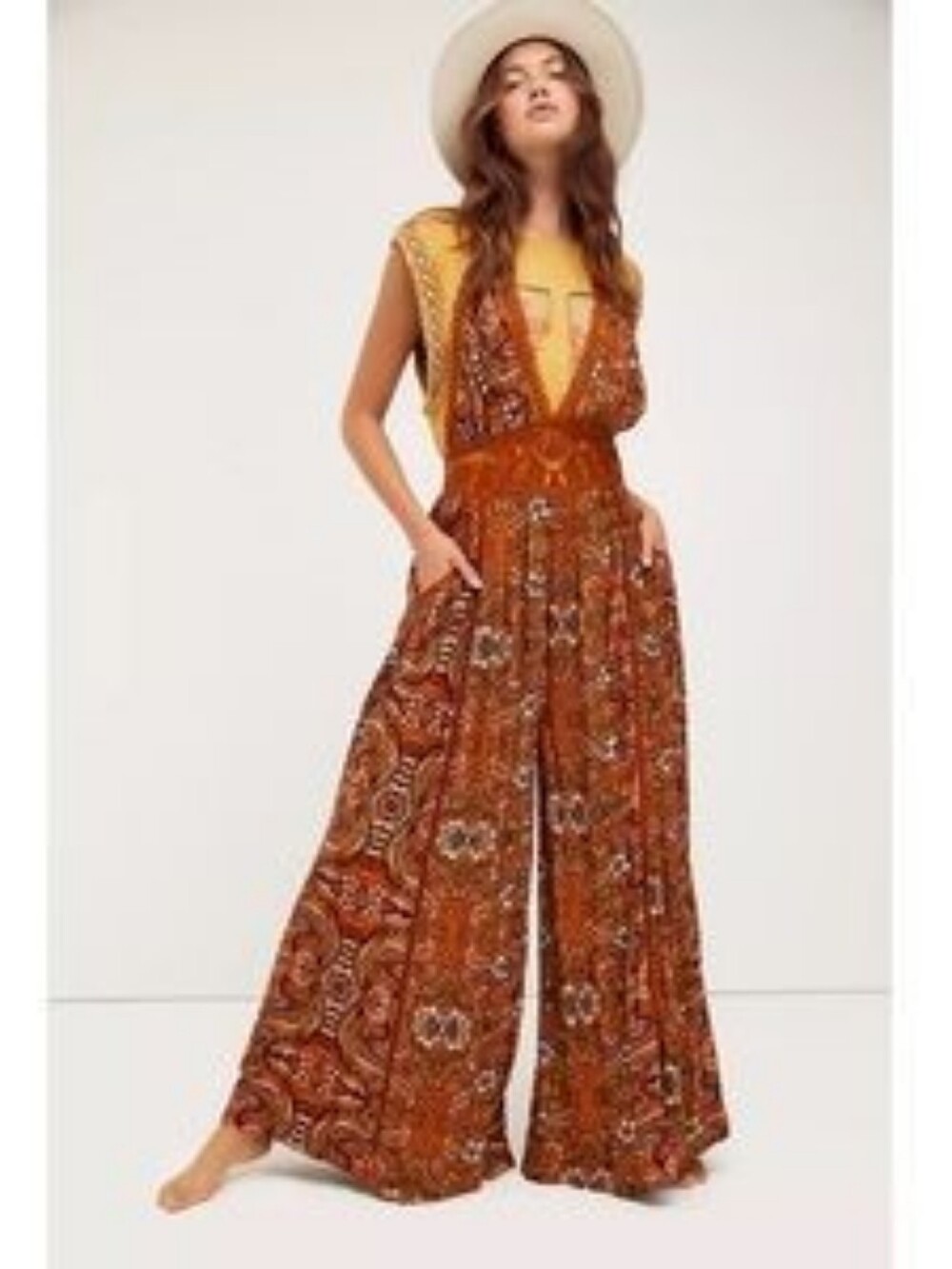 Free People Boho Floral Halter Jumpsuit Brown & Rust Orange Women's Size Large